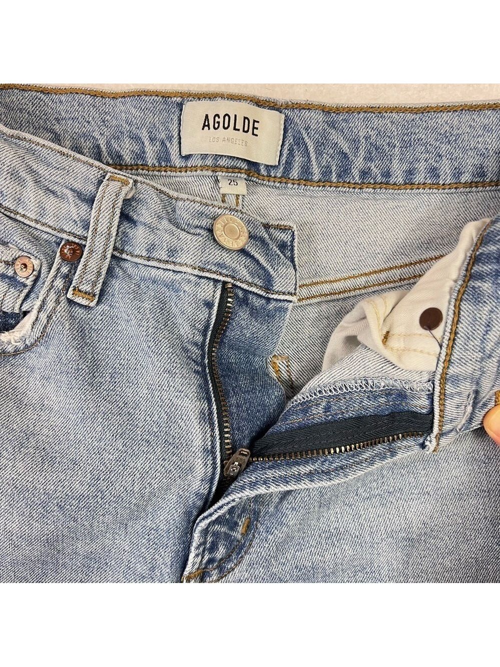 Agolde Jeans “Merrel” 25 Blue Slim Straight Leg Raw Hem Mid Rise Womens - Picture 4 of 12